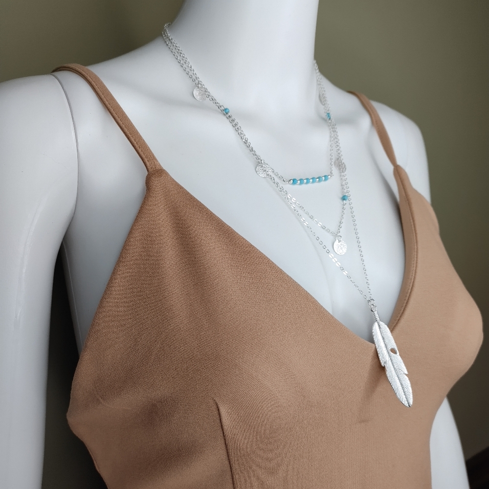 Boho Feather Layered Necklace With Simulated Turquoise Beads - Picture 6 of 7